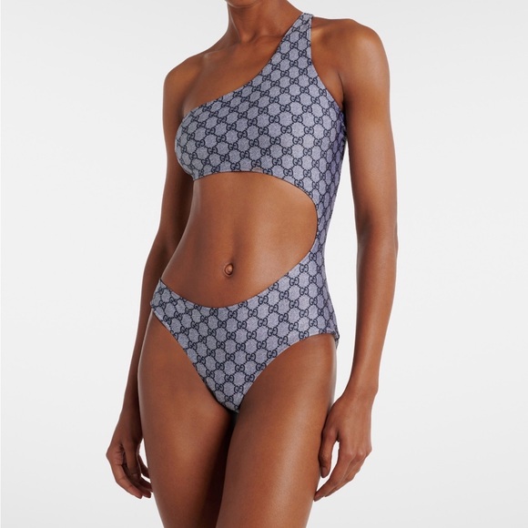 Designer Monogram One-Piece Swimsuit - Blue and Grey - Picture 2 of 4